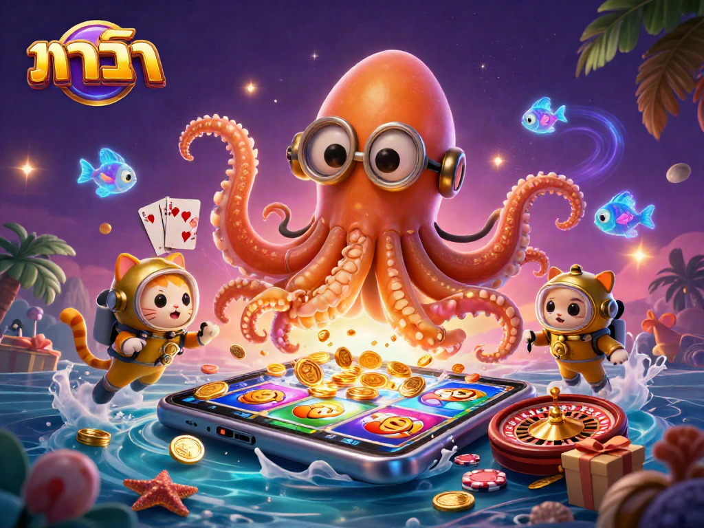 Spin the reels of the บาคาร่า slots amidst a vibrant underwater scene with a kraken and diving cat.