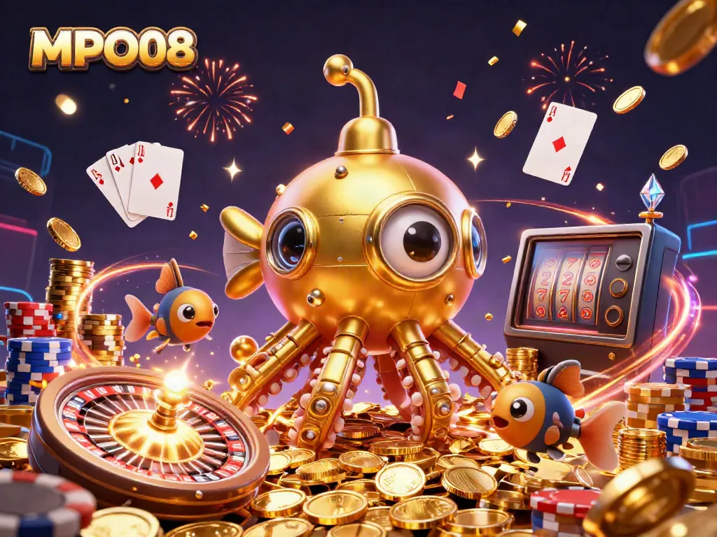 Win with MPO08: a golden kraken submarine soaring through a sea of coins, surrounded by dynamic casino elements.
