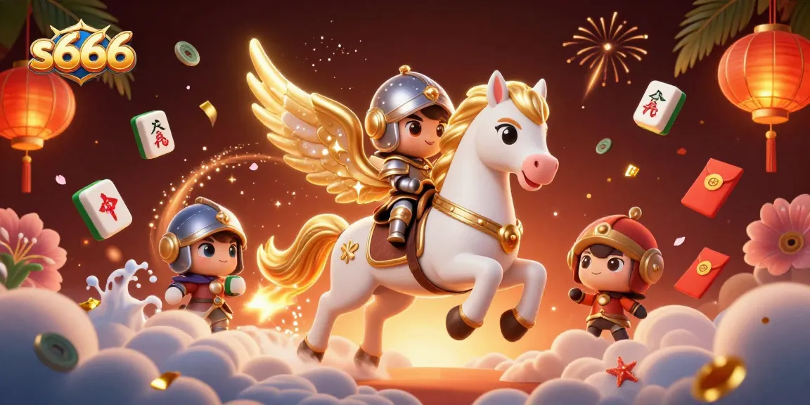 Experience the thrilling action of s666 with a 3D knight riding a celestial horse amidst festive casino elements.