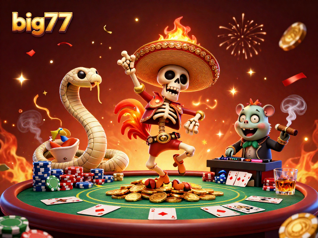 Win at big777 with a celebratory casino scene of a mariachi rooster, mummy snake, and DJ hamster.