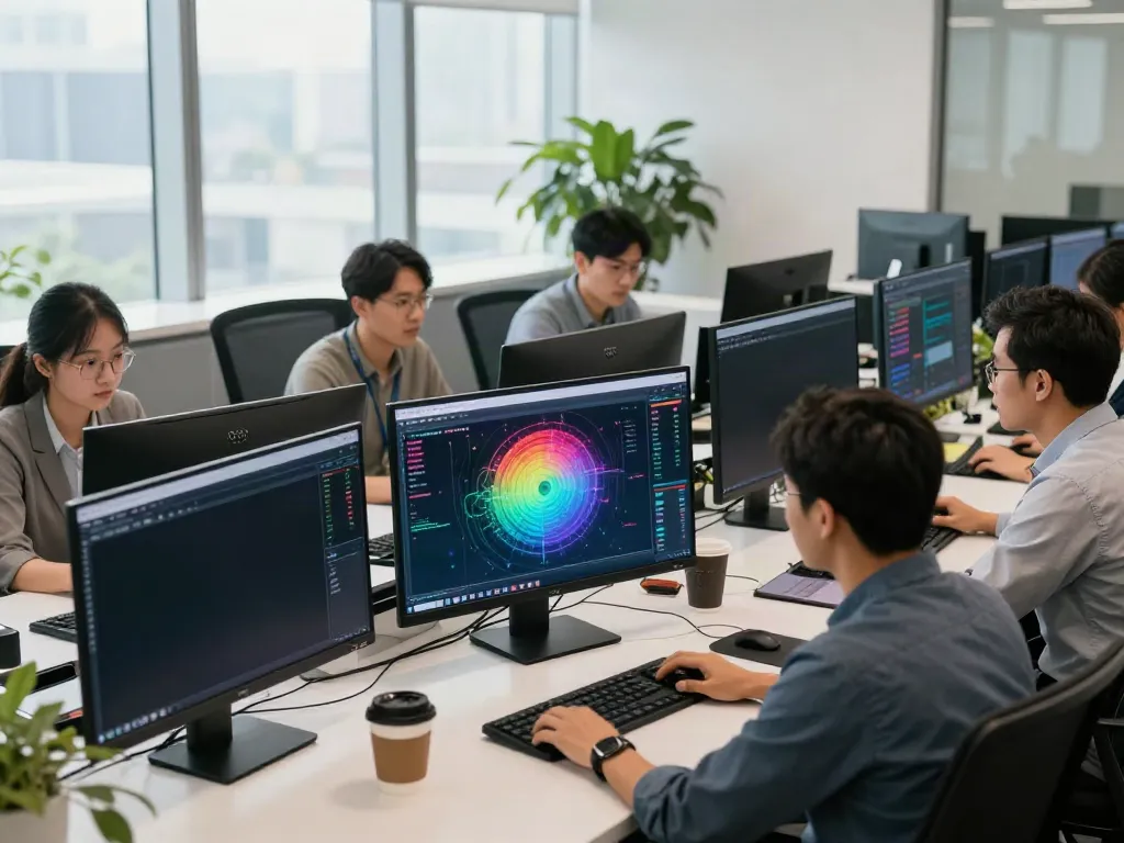 Rajabandot data analysis team collaborating in modern office.