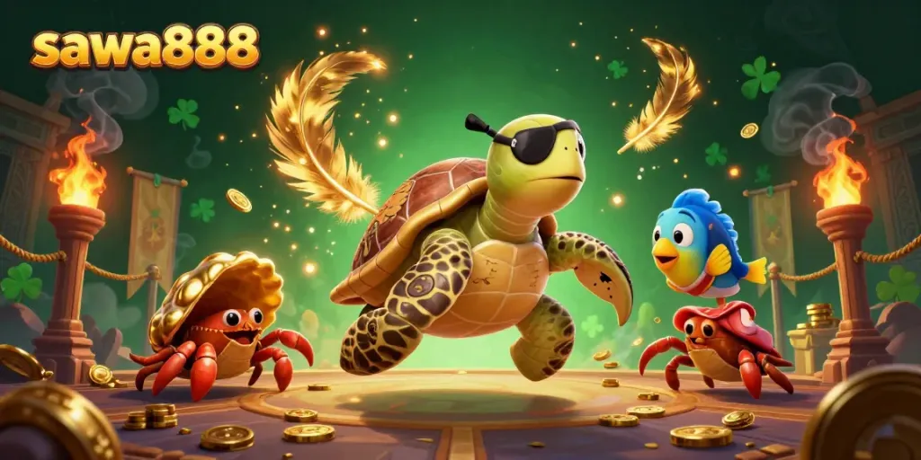 Immerse in the lively world of sawa888 with a pirate turtle, hermit crab, and parrotfish amidst treasures.