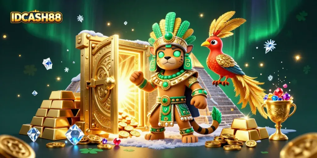 Experience the thrill of IDCASH88 with a vibrant illustration of Mayan-themed characters amidst golden treasures, perfect for slot enthusiasts.