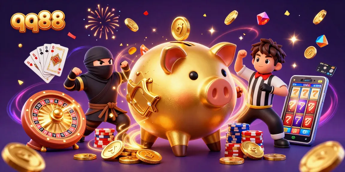 Experience thrilling qq88 gaming excitement with a dynamic piggy bank sumo wrestler and action-packed casino elements.