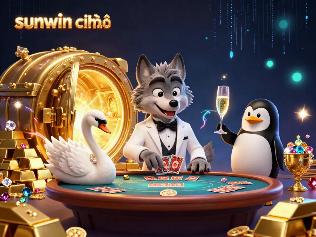 Experience sunwin chính thức with vibrant characters at a glamorous casino, revealing a treasure vault.