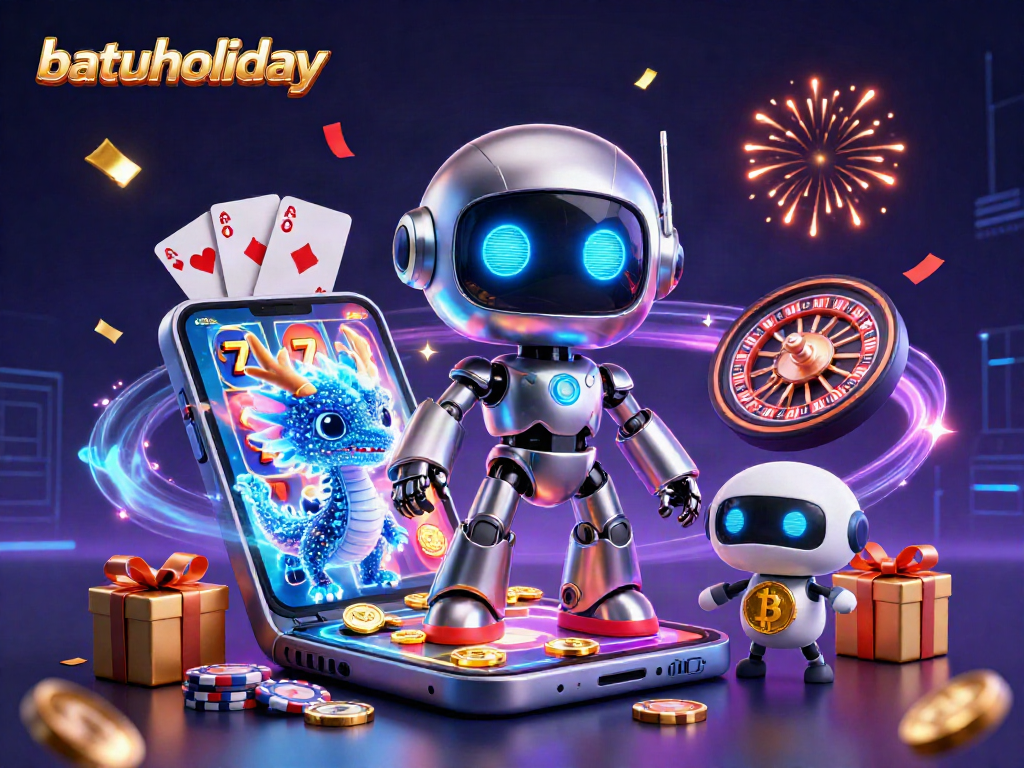 Join the energetic world of batuholiday featuring a neon cyberpunk robot and holographic dragon celebrating with casino games.