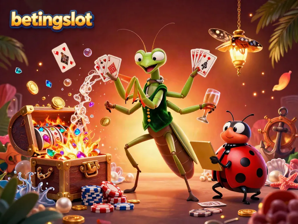 Permainan di betingslot dengan kartu, chip, dan karakter lucu dalam suasana kasino.