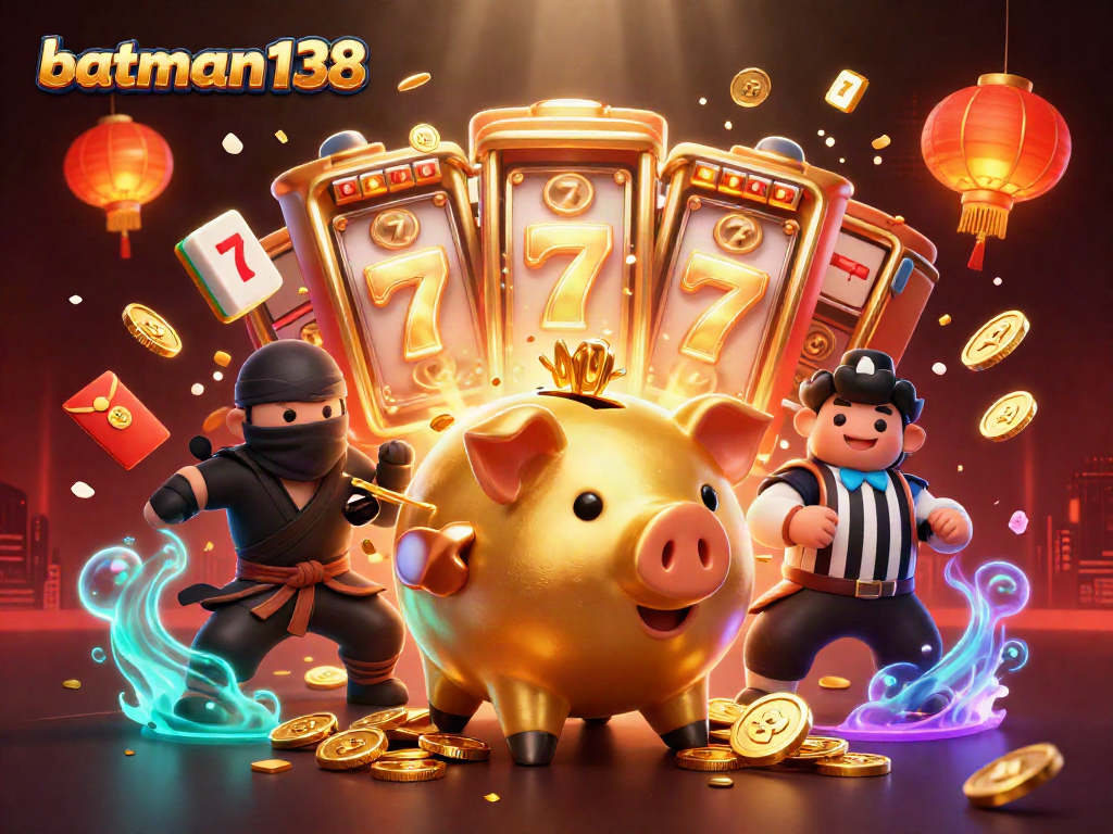Experience batman138's dynamic casino action with a golden piggy bank wrestler surrounded by slot machines and festive decorations.