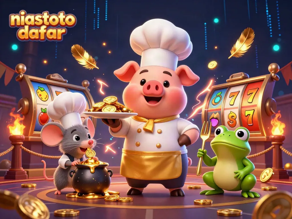 Ilustrasi 3D niastoto daftar menampilkan karakter kasino dengan tema slot yang dinamis.