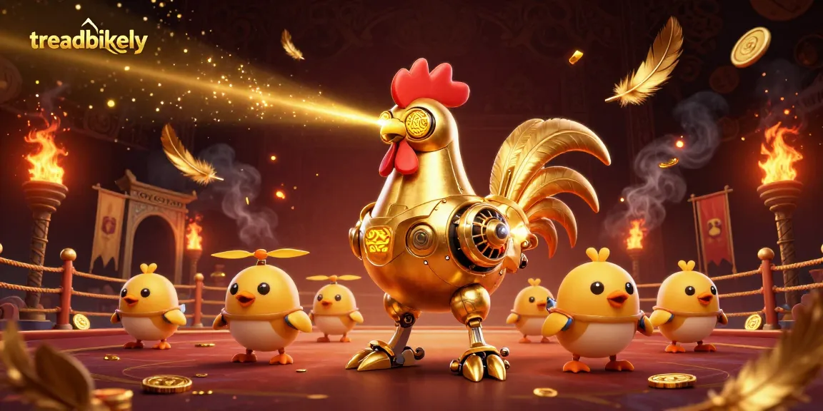 Bet on winning with treadbikely's vibrant 3D gambling-themed illustration featuring a golden rooster robot.