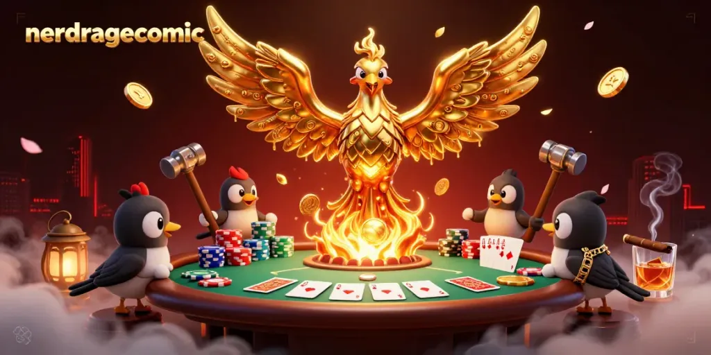 Ilustrasi 3D nerdragecomic menampilkan phoenix emas dengan kepingan emas, suasana kasino, dan detail kartu poker.