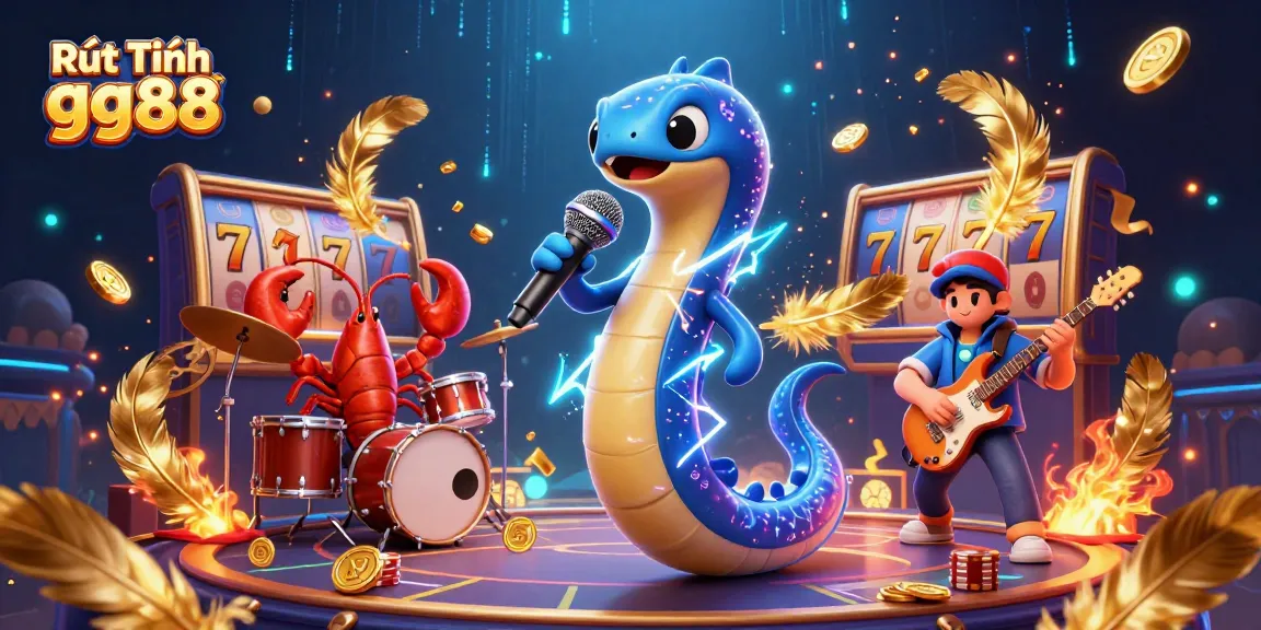 Rút Tiền gg88 showcases vibrant underwater casino scene with an electric eel musician and dynamic gambling elements.