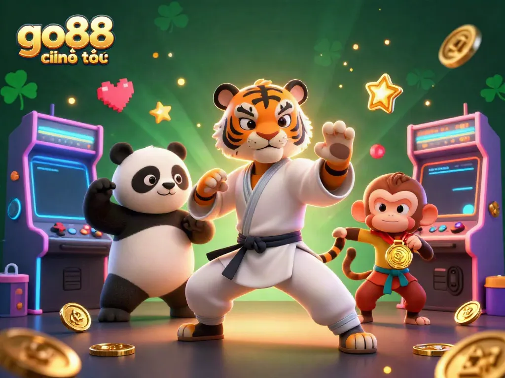 Engage with the go88 chính thức game scene featuring a kung fu tiger and playful characters amidst arcade machines.