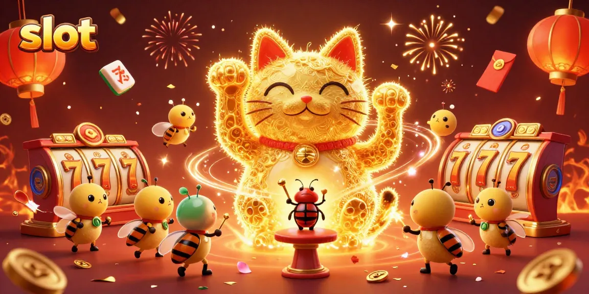 Engage with dynamic slot gaming visuals featuring a whimsical lucky cat and vibrant casino elements.