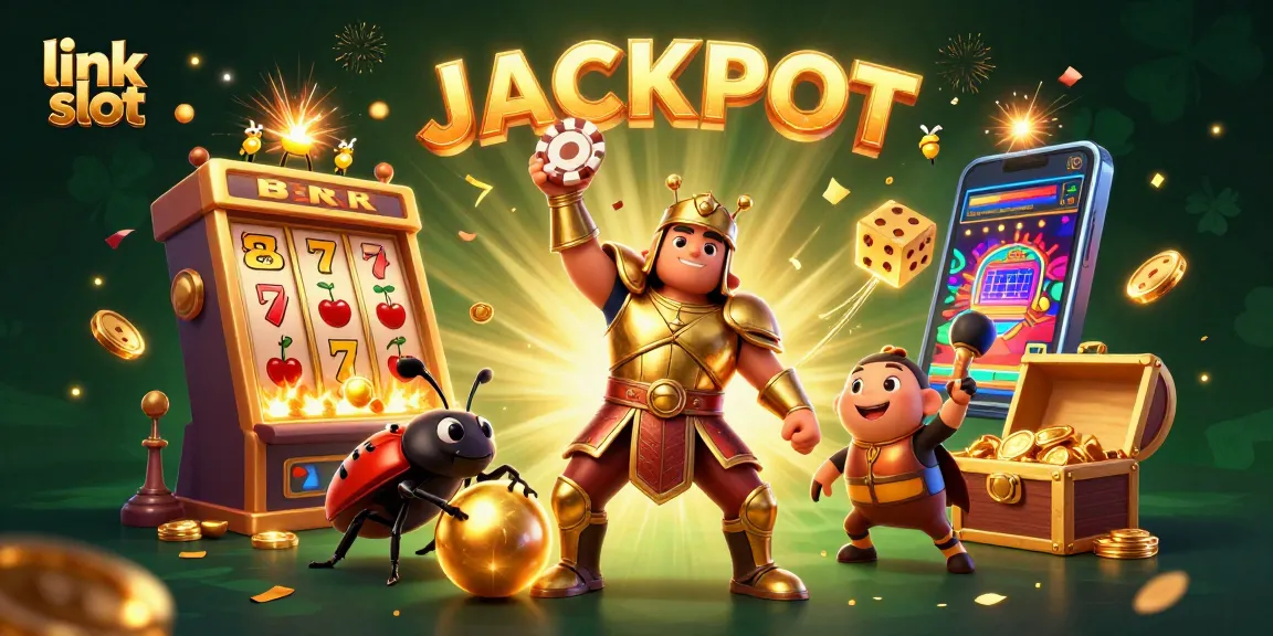 Spin the link slot with a victorious beetle champion amidst a jackpot explosion of gold.