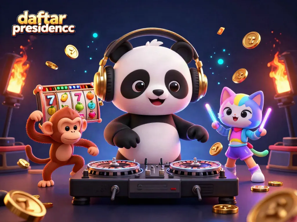 Experience the excitement of daftar presidencc with a vibrant casino scene featuring a DJ panda and breakdancing monkey.