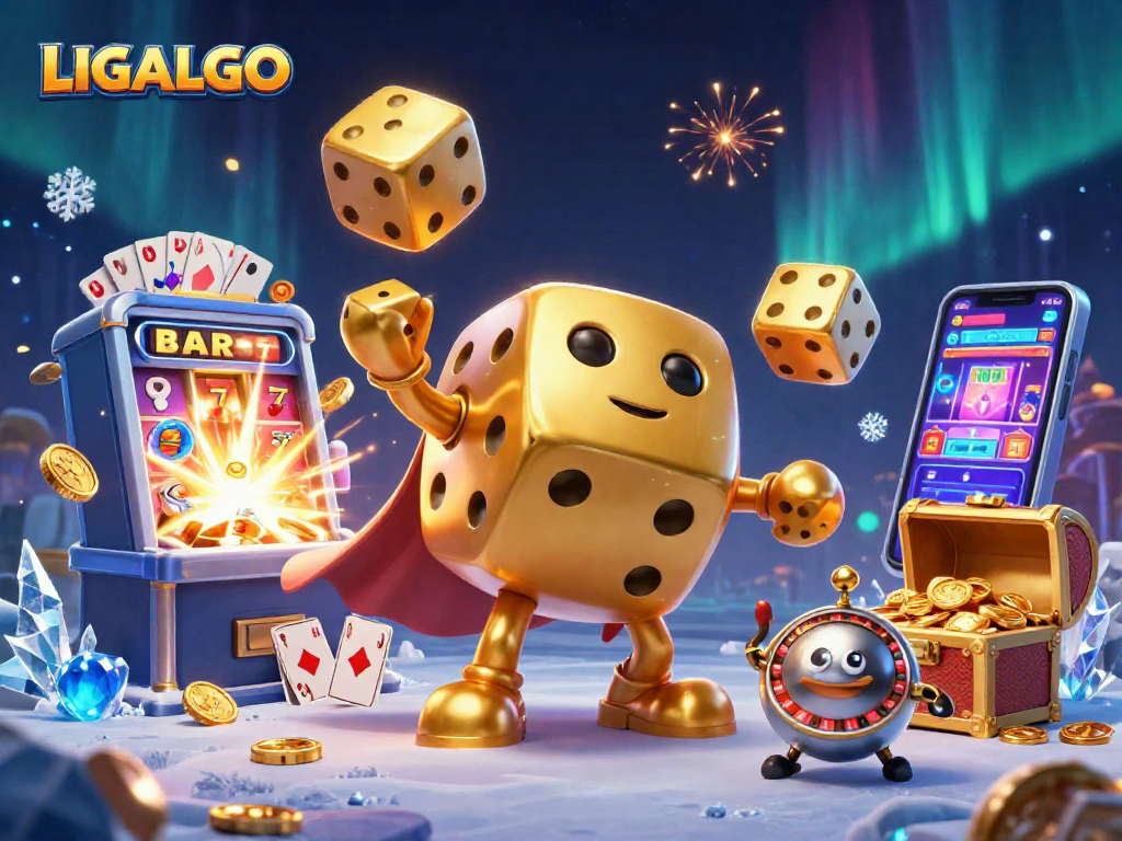 Experience top-tier gaming strategies with LIGALGO's dynamic casino environment featuring golden dice and slot machines.