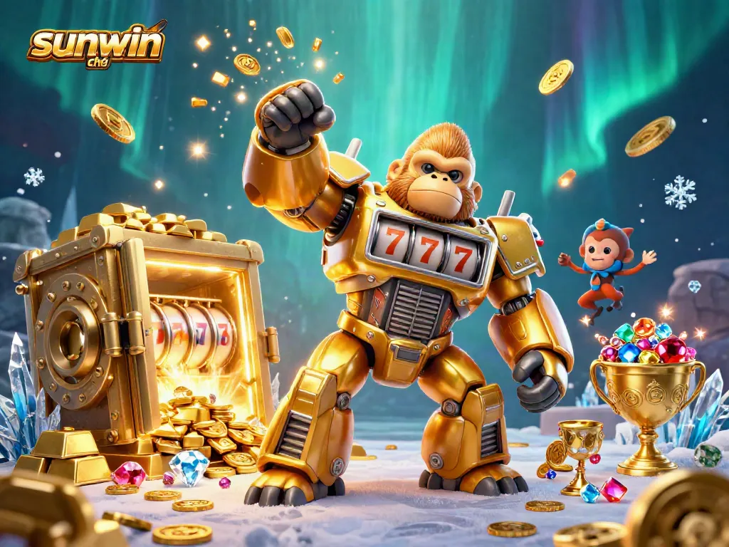 Experience excitement and thrill in sunwin chính chủ with a dynamic 3D golden gorilla mech in a treasure-filled scene.