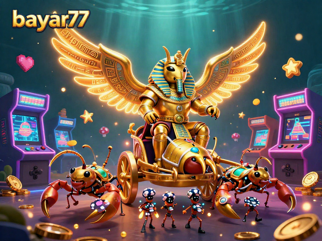 Mainkan bayar77 dengan kolosal scarab emas bertema kasino dalam ilustrasi 3D