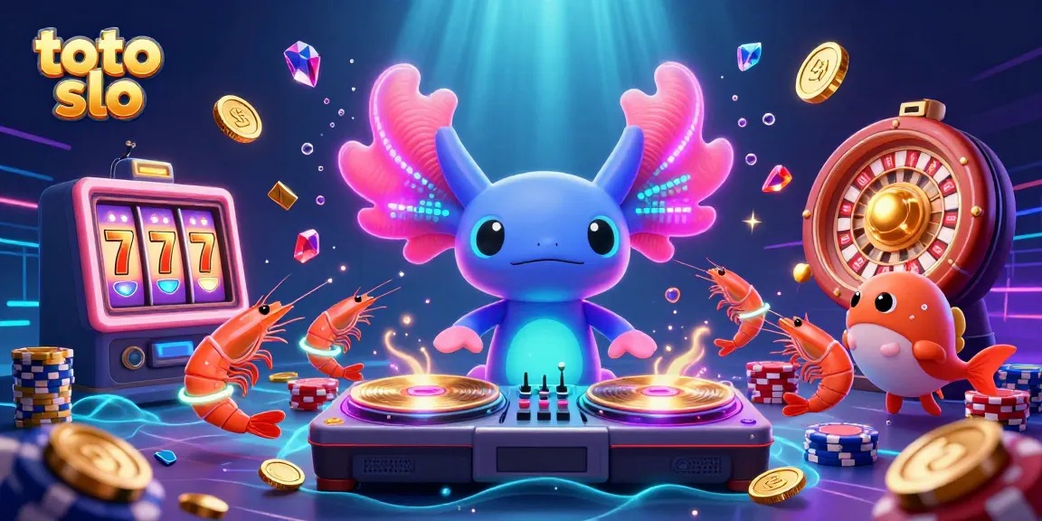 Engage with the exciting toto slo scene featuring a neon axolotl DJ, golden slots, and vibrant poker chips.