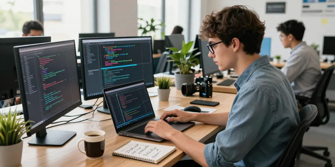 Software developer coding at a modern workspace with sc88 tools, bright natural light, and collaborative atmosphere.