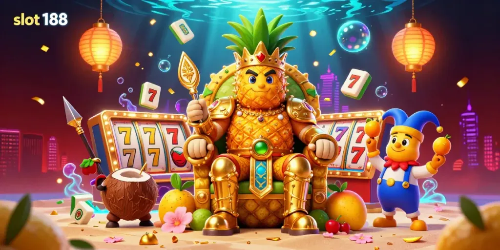 Permainan slot 188 yang menyenangkan dengan karakter raja nanas dan penjaga kelapa di kasino pantai.