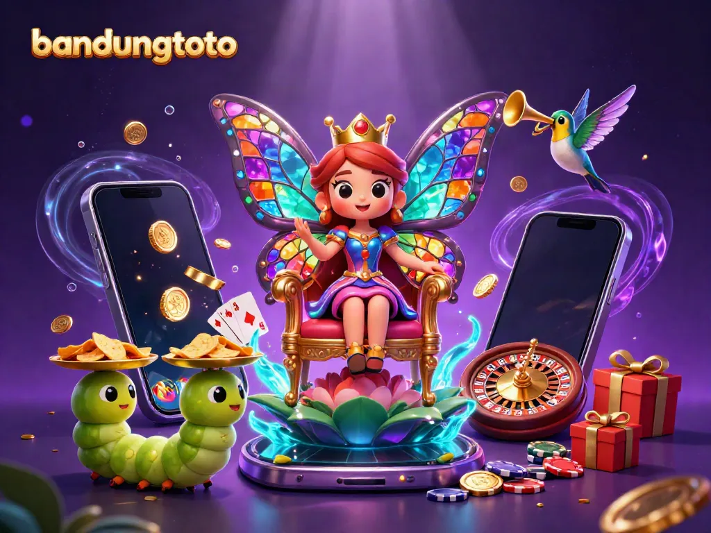 Engage with the vibrant world of bandungtoto, featuring a butterfly queen and casino elements bursting with excitement.
