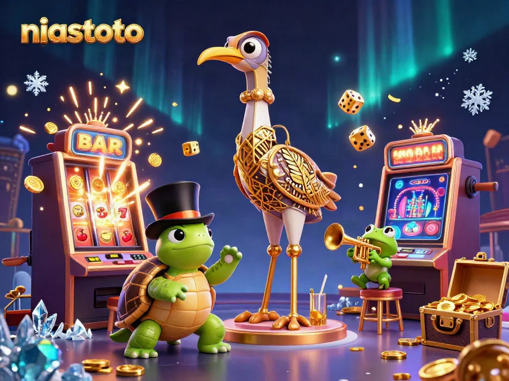 NIASTOTO slot gaming scene featuring vibrant characters and jackpot effects in a lively atmosphere