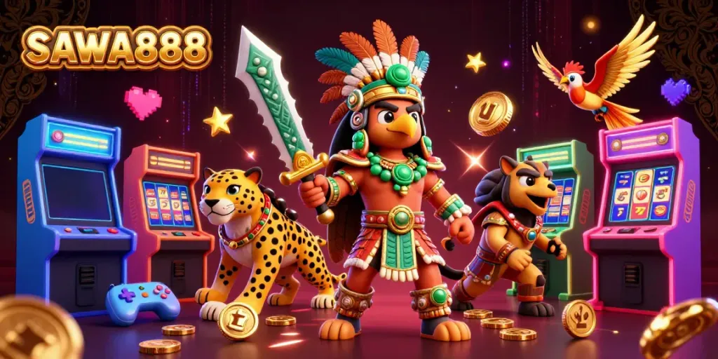 Experience SAWA888 with this vibrant illustration of Aztec warriors and arcade elements in a casino setting.