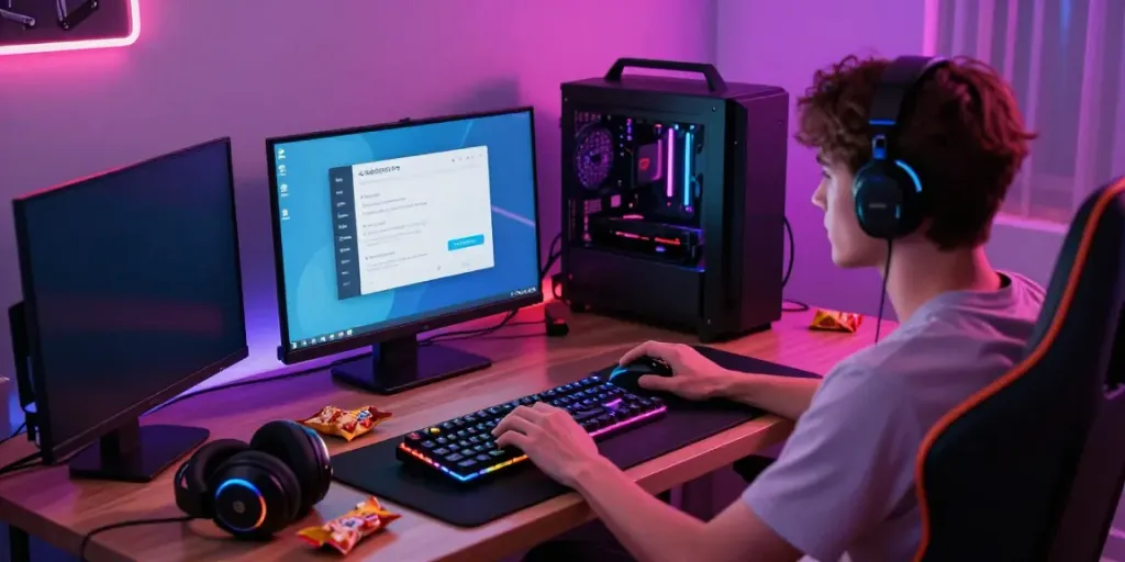 Pengguna situs cirebontoto sedang bermain di laptop dengan suasana gaming yang cerah.