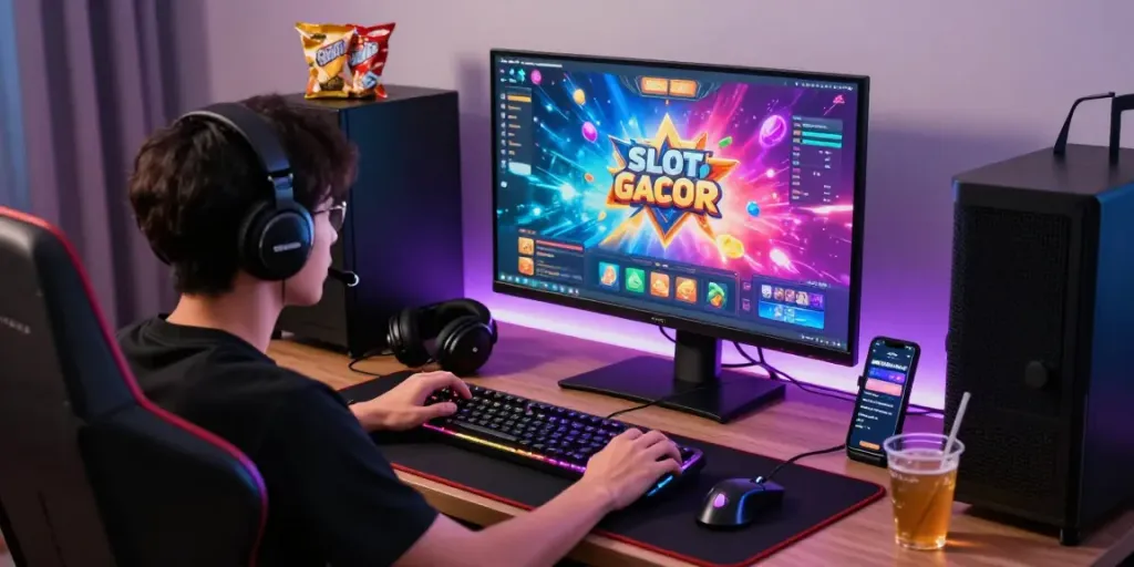 Pengalaman bermain SLOT GACOR yang menyenangkan dengan pemain fokus di depan layar besar, suasana gaming modern dan aksesori lengkap.