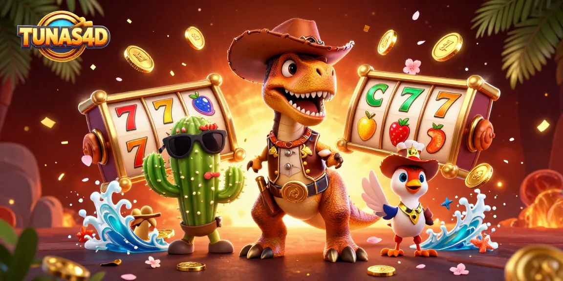 TUNAS4D offers thrilling slot experiences featuring a T-Rex, cactus, and roadrunner in a vibrant casino scene.
