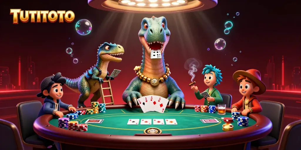 Experience thrilling gameplay at TUTITOTO as a giant brontosaurus peeks over a poker table bustling with action.