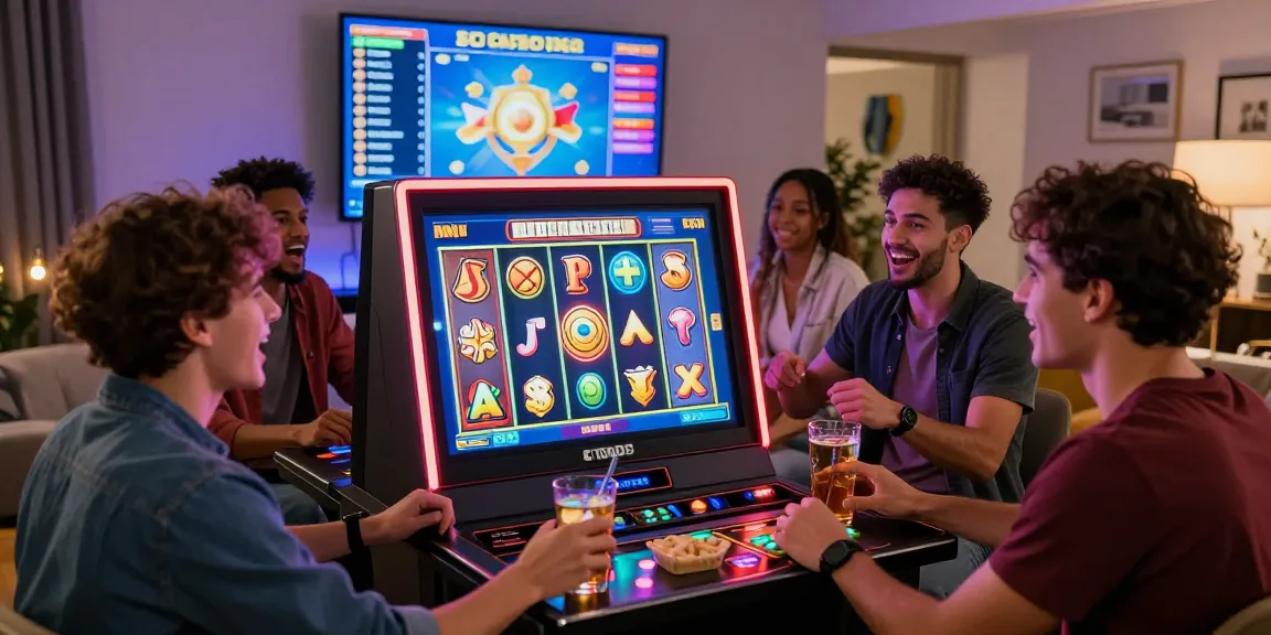 Players enjoying a vibrant online slot experience in a cozy living room.
