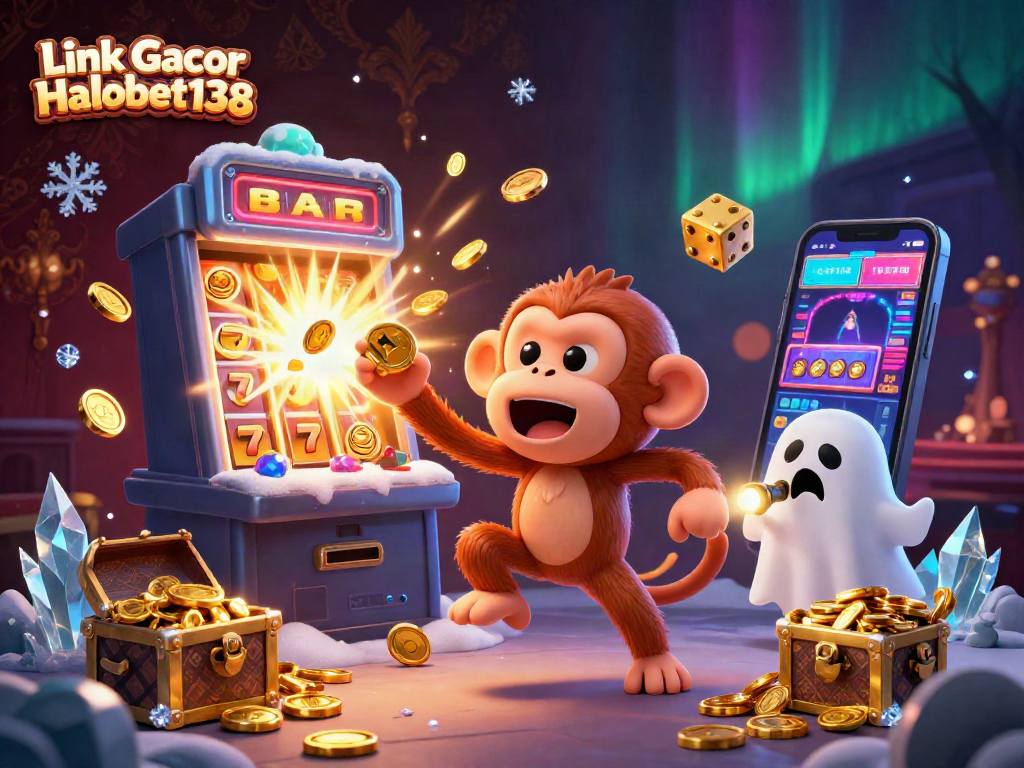 Engage with Link Gacor Halobet138 in an animated casino mosaic featuring a playful monkey and ghost-hunter puppy.