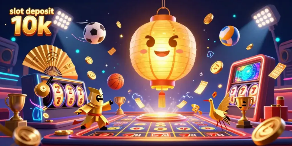 Permainan slot deposit 10k yang memukau dengan simbol keberuntungan dan elemen kasino yang berkilauan.