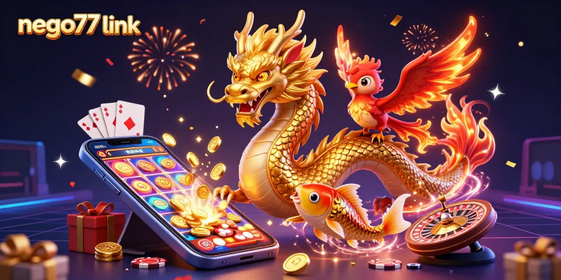 Experience exciting gameplay with the nego77 link as a golden koi fish leaps amidst bursting coins, surrounded by a dragon and phoenix.