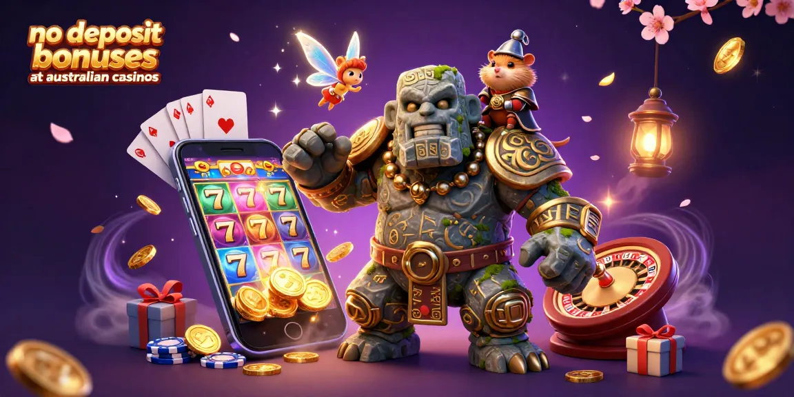 No deposit bonuses at Australian casinos showcased with a magical golem, fairy, and hamster, surrounded by vibrant gaming elements.