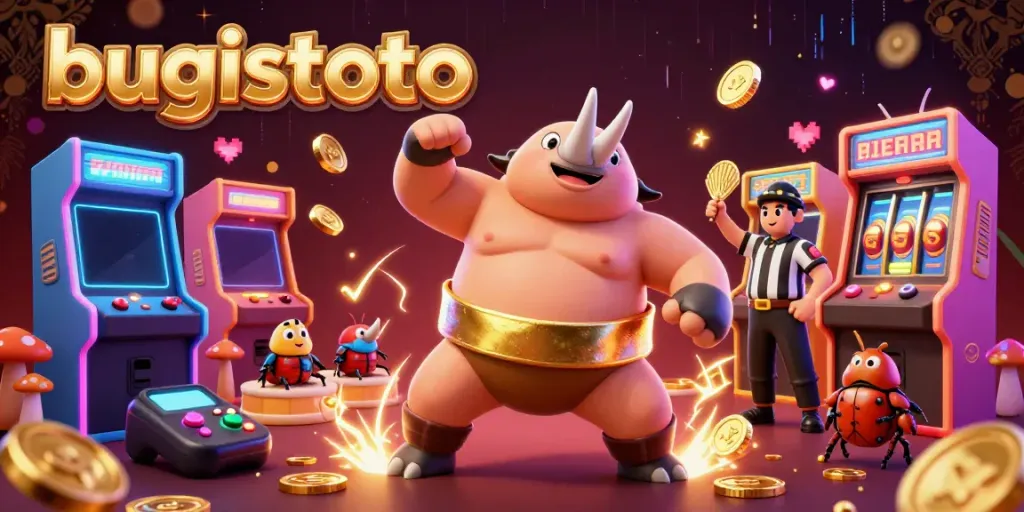 Watch a bugistoto champion beetle stomp in a thrilling casino scene filled with slot reels and coins.