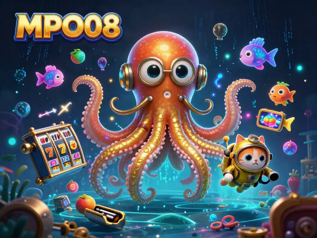 MPO08 showcases a vibrant casino scene with a kraken and diving cat, featuring dynamic slot elements.