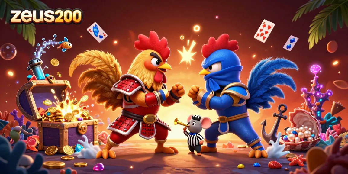 Zeus200 menghadirkan pertarungan ayam dual di arena dengan harta karun dan koin berkilauan.