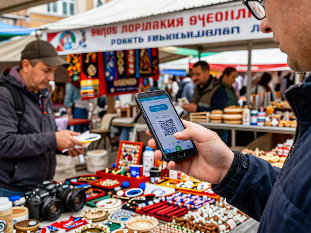 Pembayaran menggunakan aplikasi https://payinrussia.com/ di pasar lokal Rusia, menampilkan QR code dan suasana ramai.