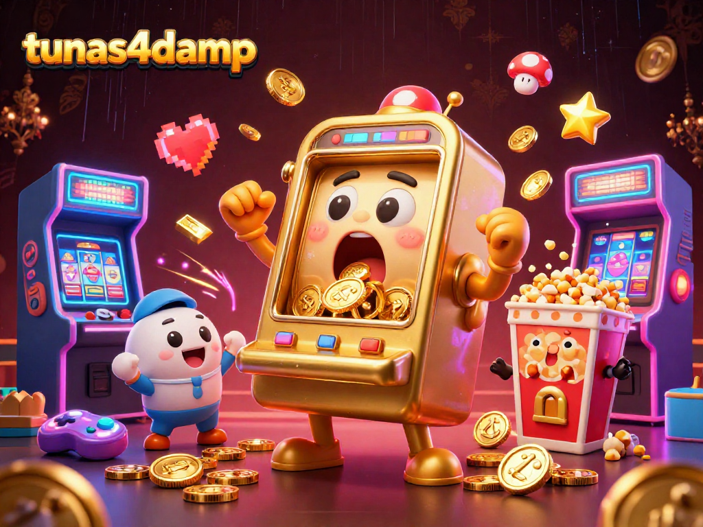 Engage with tunas4damp as the golden slot machine experiences a jackpot, surrounded by cheering baby slots and arcade games.