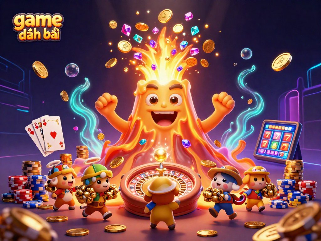 Engage in game đánh bài with thrilling golden treasures amidst vibrant casino elements.