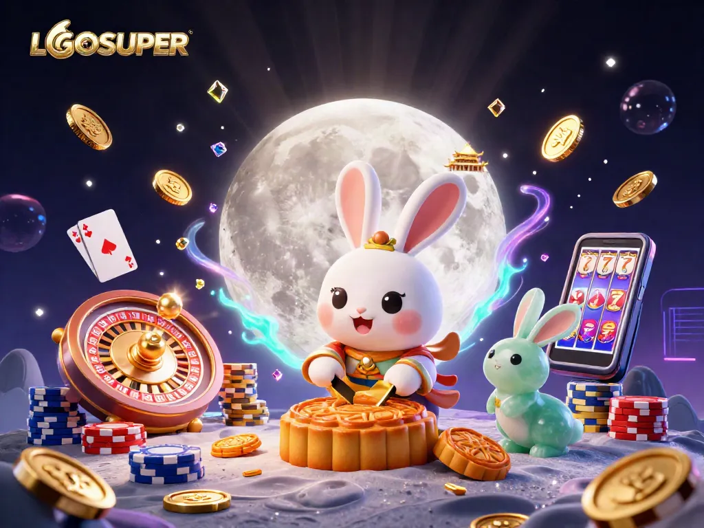 Spin and win with LGOSUPER's vibrant casino-themed lunar adventure featuring golden poker chips.