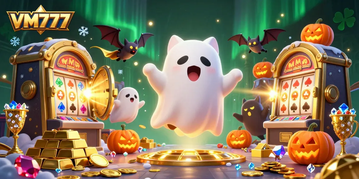 Experience the thrills of VM777 casino with a ghost cat and vampire bat in a vibrant haunted setting.