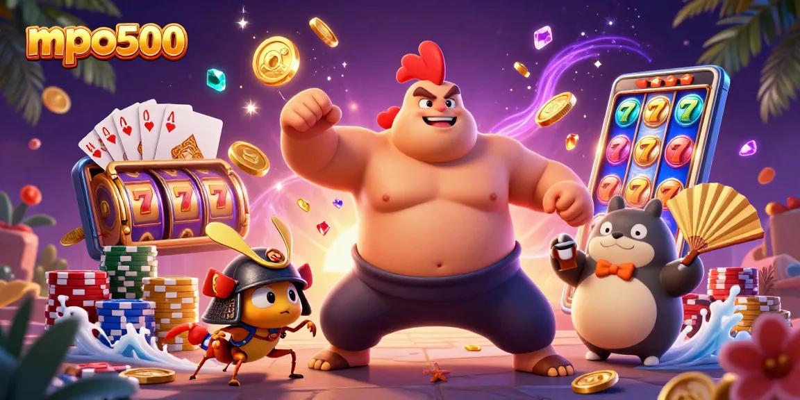 Permainan mpo500 dengan karakter unik dalam ilustrasi 3D, menampilkan ikon slot yang dinamis dan kasino.
