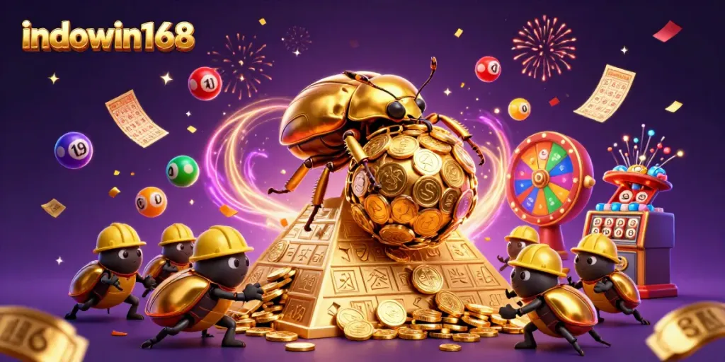Indowin168 features a golden beetle and lottery elements amidst a dynamic casino scene.
