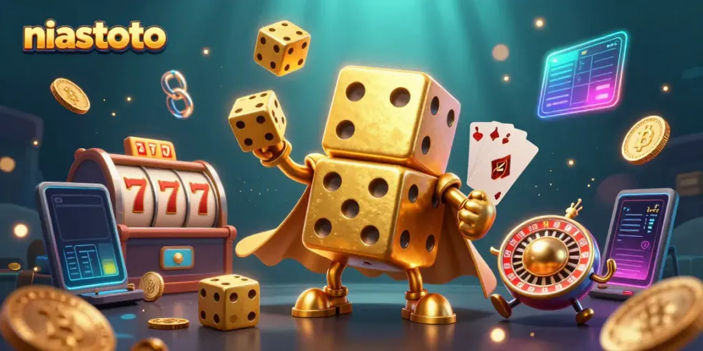 Engage with niastoto's exciting online gaming experience featuring a golden dice golem amid vibrant casino elements.