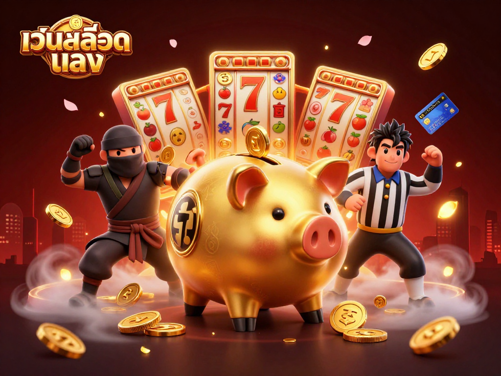 Experience exciting gameplay with เว็บสล็อตตรง, featuring a vibrant scene of a sumo wrestler piggy bank, slot reels, and delightful symbols.